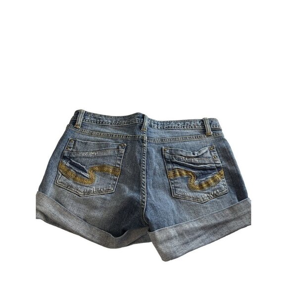 Revolt Jeans Co Womens Jrs Stretch Jean Shorts Rolled Cuff Distressed 4 Pocket S - Picture 5 of 6